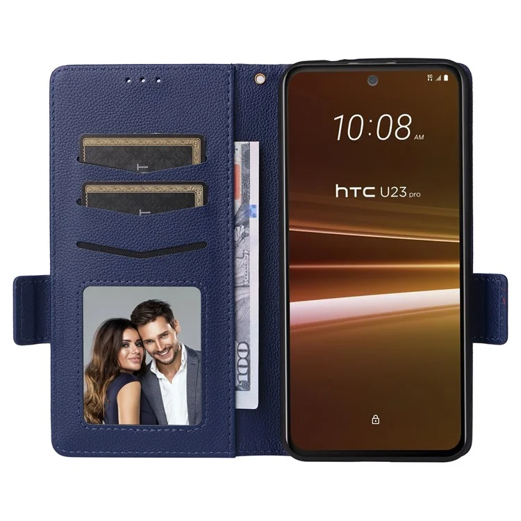 Phone Case for HTC U23 / U23 Pro 5G Litchi Texture Wallet Stand PU Leather Cover - Dark Blue