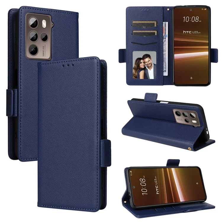 Phone Case for HTC U23 / U23 Pro 5G Litchi Texture Wallet Stand PU Leather Cover - Dark Blue