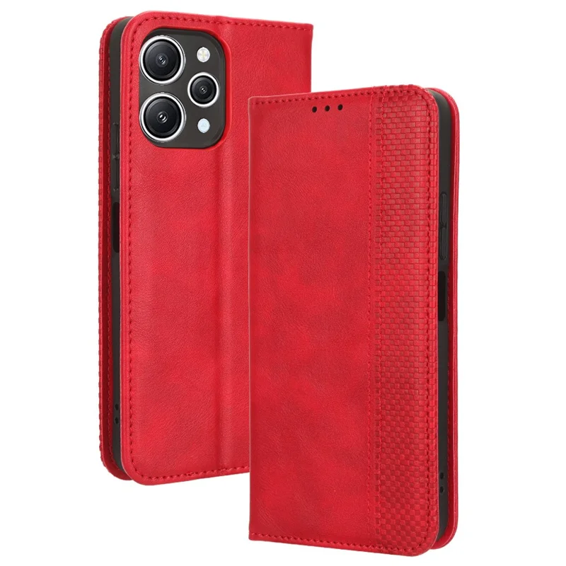Funda para teléfono para Xiaomi Redmi 12 4G / 12 5G (Global) / Note 12R 5G / Poco M6 Pro 5G, carcasa magnética retro de cuero PU con soporte y billetera - Rojo