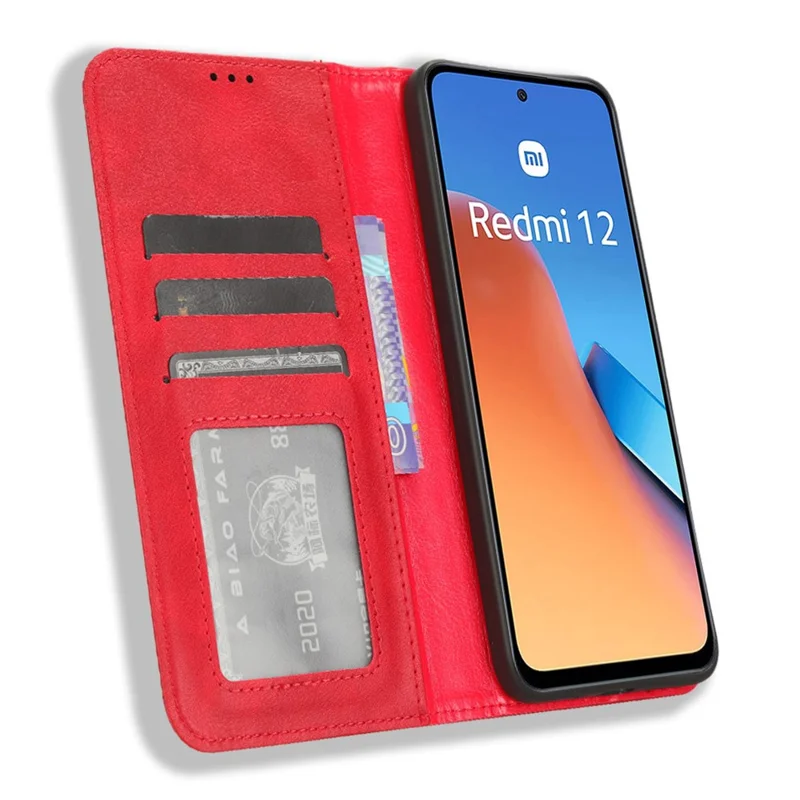 Funda para teléfono para Xiaomi Redmi 12 4G / 12 5G (Global) / Note 12R 5G / Poco M6 Pro 5G, carcasa magnética retro de cuero PU con soporte y billetera - Rojo