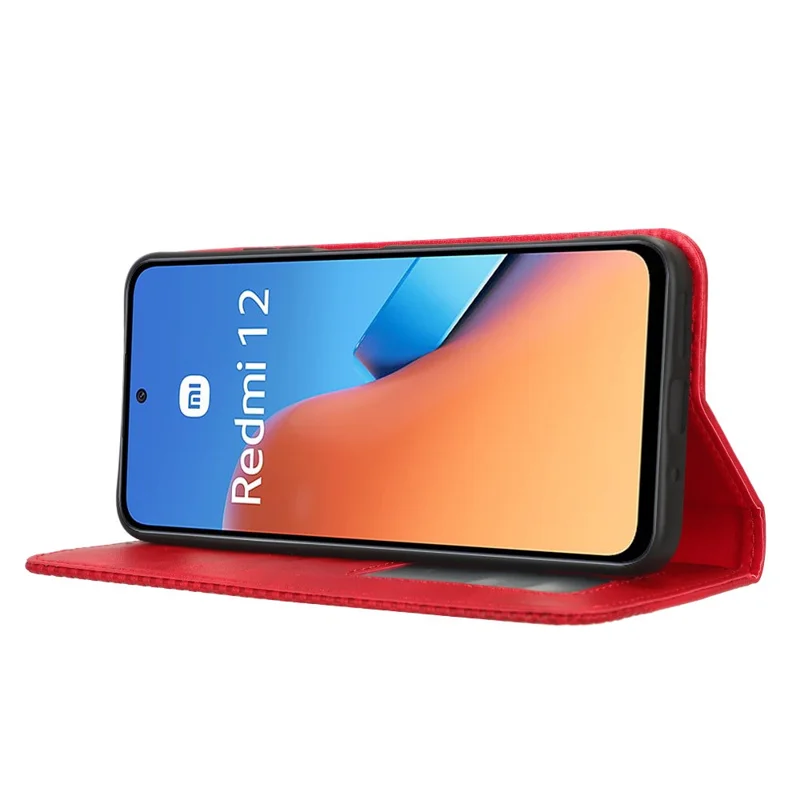Funda para teléfono para Xiaomi Redmi 12 4G / 12 5G (Global) / Note 12R 5G / Poco M6 Pro 5G, carcasa magnética retro de cuero PU con soporte y billetera - Rojo