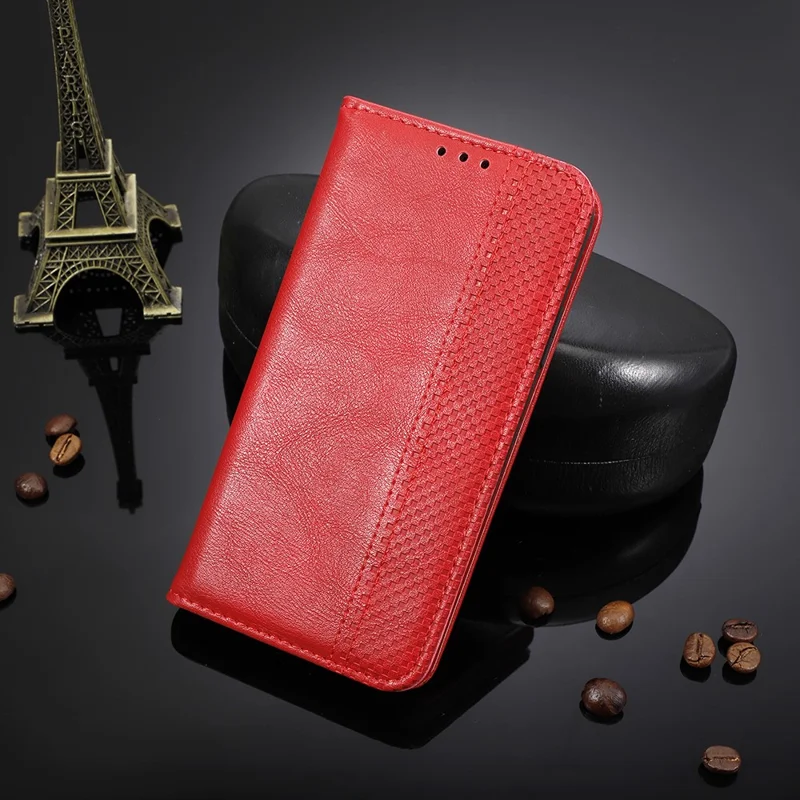 Funda para teléfono para Xiaomi Redmi 12 4G / 12 5G (Global) / Note 12R 5G / Poco M6 Pro 5G, carcasa magnética retro de cuero PU con soporte y billetera - Rojo