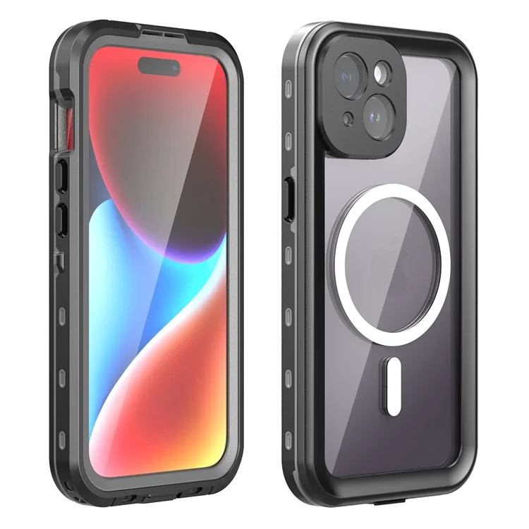 SHELLBOX Dot+ Series Compatible with MagSafe Phone Case for iPhone 15 IP68 Waterproof PC+TPU Clear Phone Cover - Black
