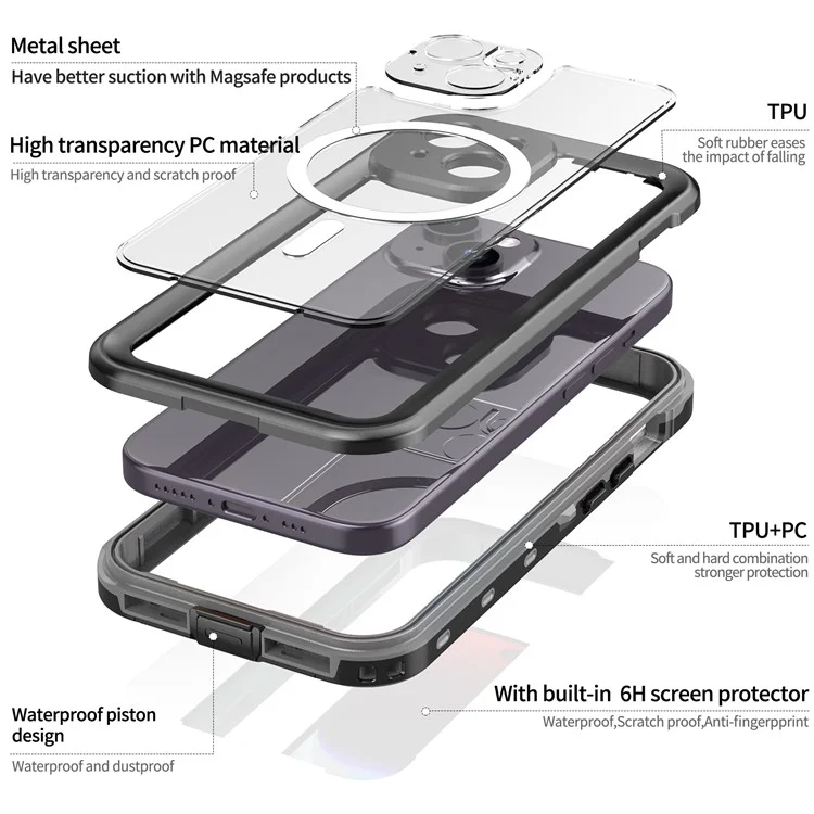 SHELLBOX Dot+ Series Compatible with MagSafe Phone Case for iPhone 15 IP68 Waterproof PC+TPU Clear Phone Cover - Black
