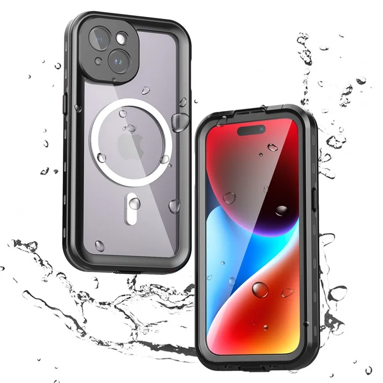 SHELLBOX Dot+ Series Compatible with MagSafe Phone Case for iPhone 15 IP68 Waterproof PC+TPU Clear Phone Cover - Black