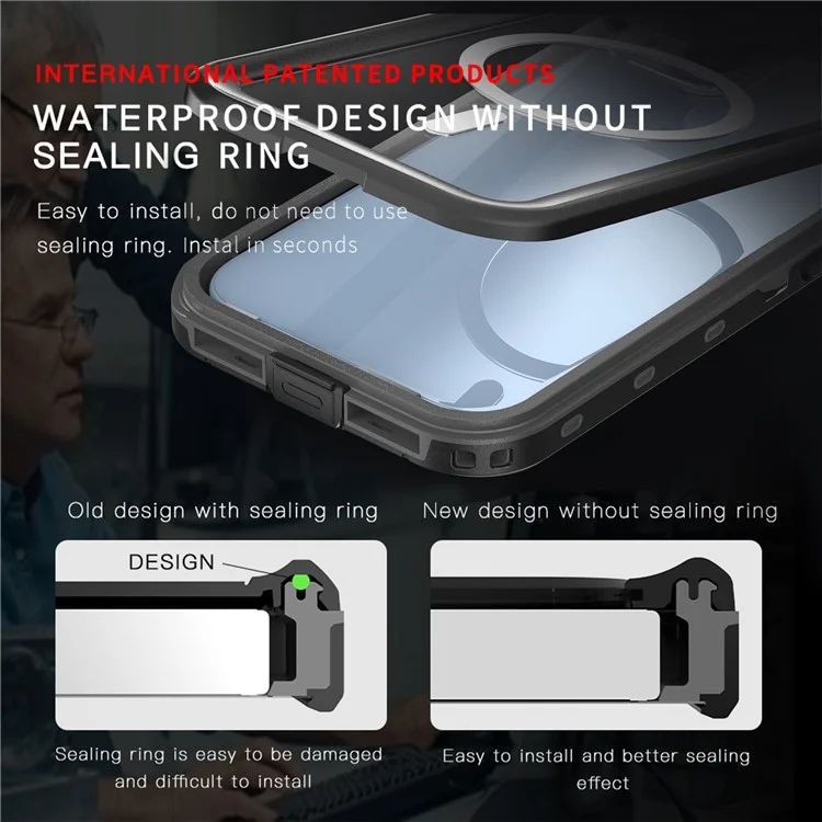 SHELLBOX Dot+ Series Compatible with MagSafe Phone Case for iPhone 15 IP68 Waterproof PC+TPU Clear Phone Cover - Black