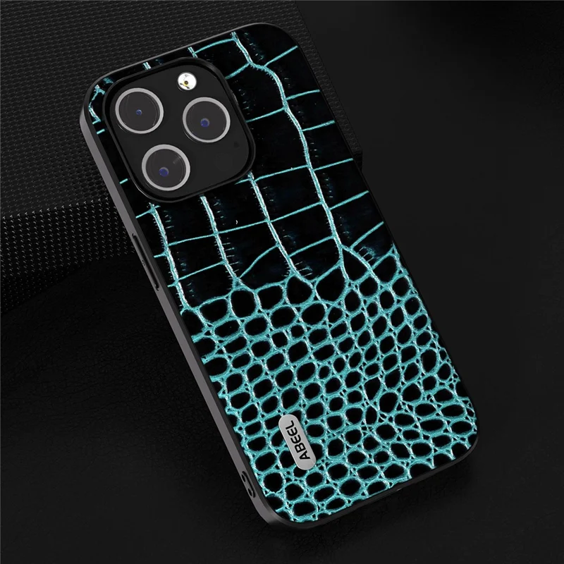ABEEL For iPhone 15 Pro Crocodile Texture Phone Case Genuine Cow Leather+PC+TPU Hybrid Cover - Blue