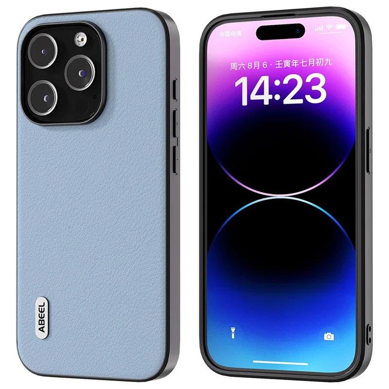 ABEEL For iPhone 15 Pro Max Shockproof Phone Case Genuine Cow Leather+PC+TPU Protective Cover - Blue