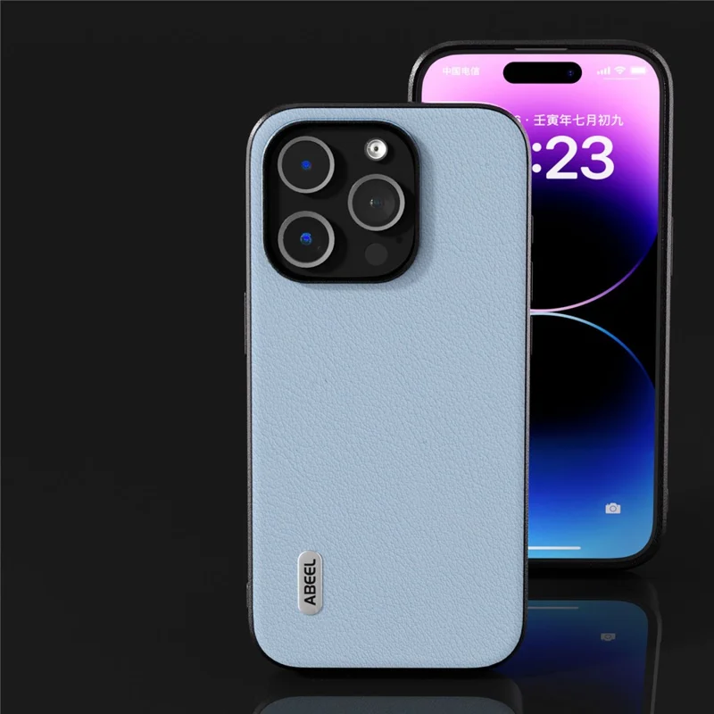 ABEEL For iPhone 15 Pro Max Shockproof Phone Case Genuine Cow Leather+PC+TPU Protective Cover - Blue