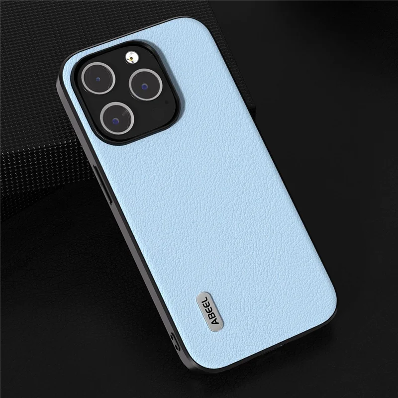 ABEEL For iPhone 15 Pro Max Shockproof Phone Case Genuine Cow Leather+PC+TPU Protective Cover - Blue