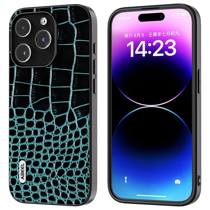 ABEEL For iPhone 15 Pro Max Phone Case Genuine Cow Leather+PC+TPU Crocodile Texture Cover - Blue