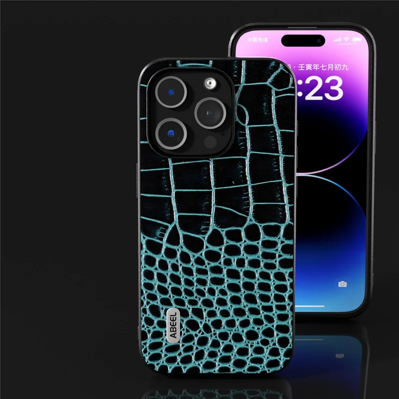ABEEL For iPhone 15 Pro Max Phone Case Genuine Cow Leather+PC+TPU Crocodile Texture Cover - Blue