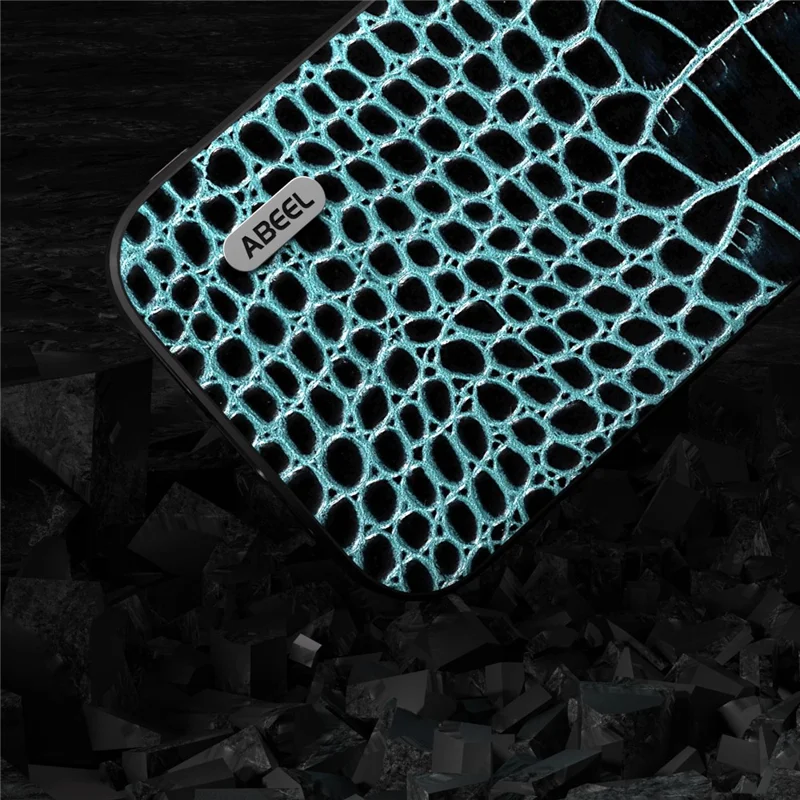 ABEEL For iPhone 15 Pro Max Phone Case Genuine Cow Leather+PC+TPU Crocodile Texture Cover - Blue