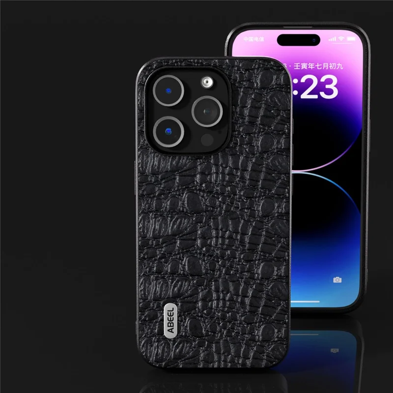 ABEEL For iPhone 15 Pro Impact-Resistant Phone Case Genuine Cow Leather+PC+TPU Textured Cover - Black