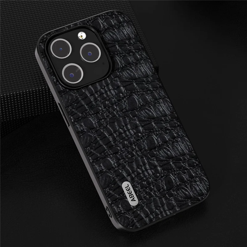 ABEEL For iPhone 15 Pro Impact-Resistant Phone Case Genuine Cow Leather+PC+TPU Textured Cover - Black