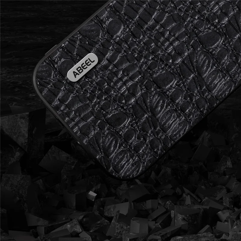 ABEEL For iPhone 15 Pro Impact-Resistant Phone Case Genuine Cow Leather+PC+TPU Textured Cover - Black