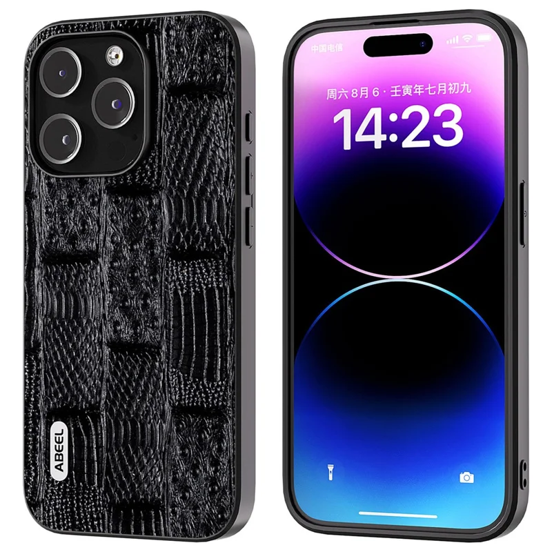 ABEEL For iPhone 15 Pro Mahjong Texture Phone Shell Genuine Cow Leather+PC+TPU Protective Cover - Black