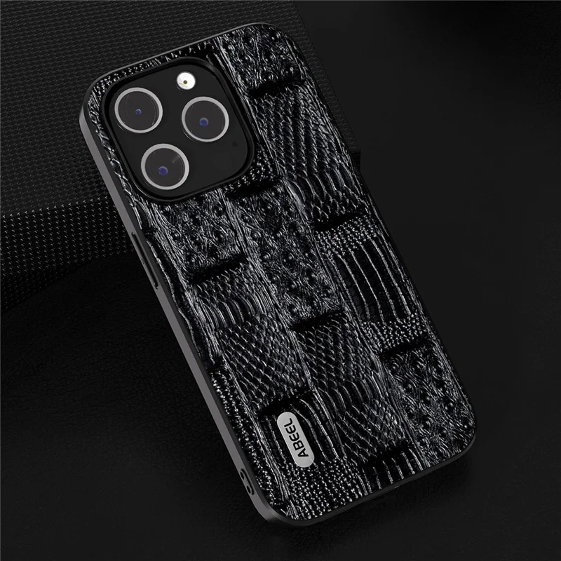 ABEEL For iPhone 15 Pro Mahjong Texture Phone Shell Genuine Cow Leather+PC+TPU Protective Cover - Black