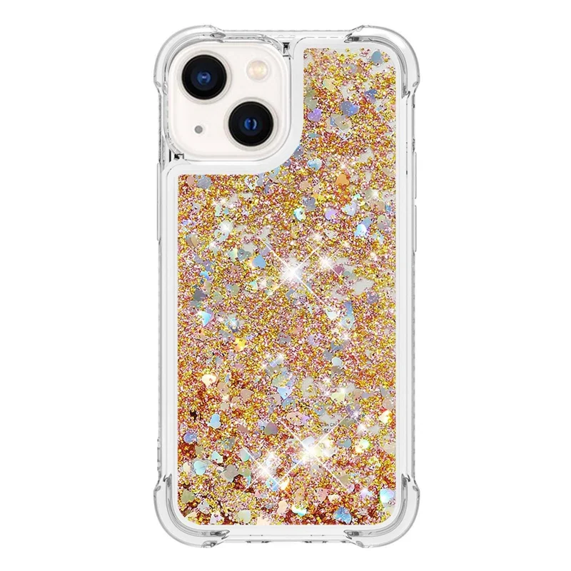 For iPhone 15 Plus TPU Case Glitter Quicksand Shockproof Phone Back Cover - Gold / Hearts