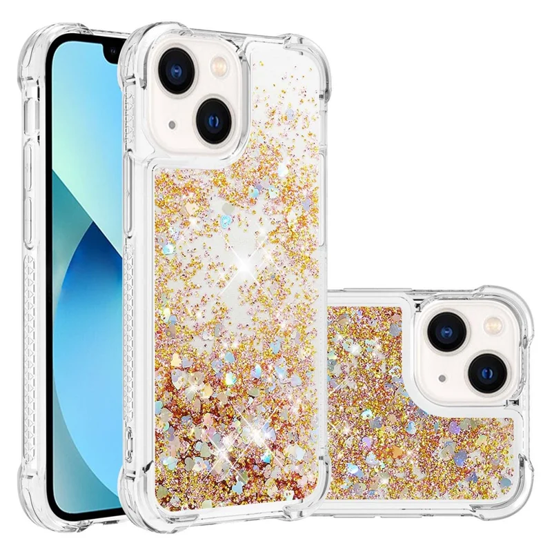 For iPhone 15 Plus TPU Case Glitter Quicksand Shockproof Phone Back Cover - Gold / Hearts