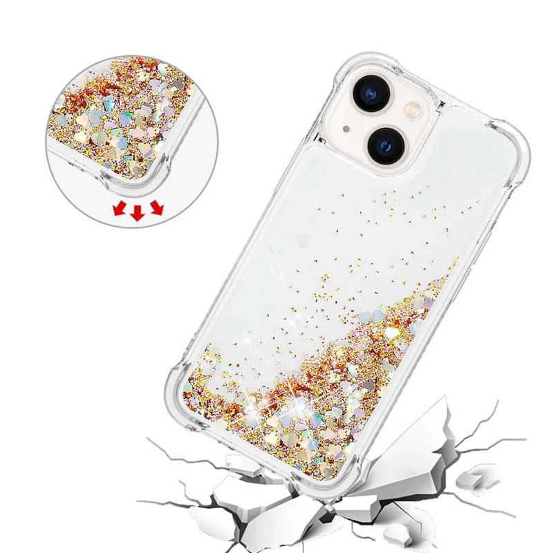 For iPhone 15 Plus TPU Case Glitter Quicksand Shockproof Phone Back Cover - Gold / Hearts