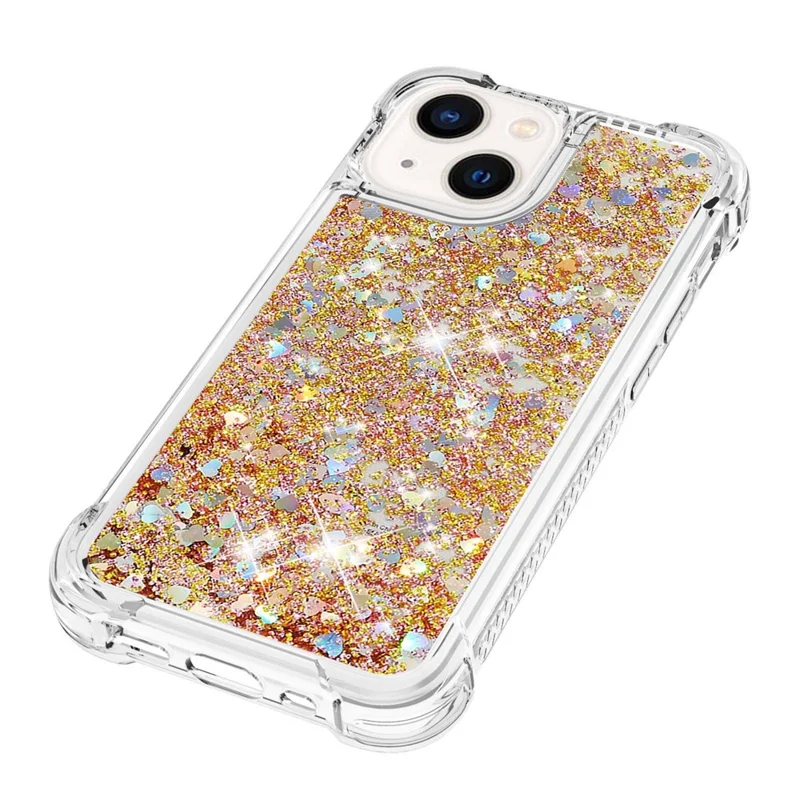 For iPhone 15 Plus TPU Case Glitter Quicksand Shockproof Phone Back Cover - Gold / Hearts