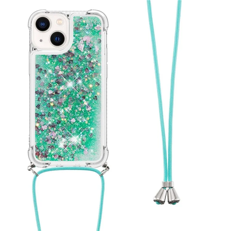 YB Quicksand Series-4 pour iPhone 15 Plus Glitter Bling Liquid Case Reinforced Corners TPU Phone Cover avec Lanyard - Vert / Cœurs
