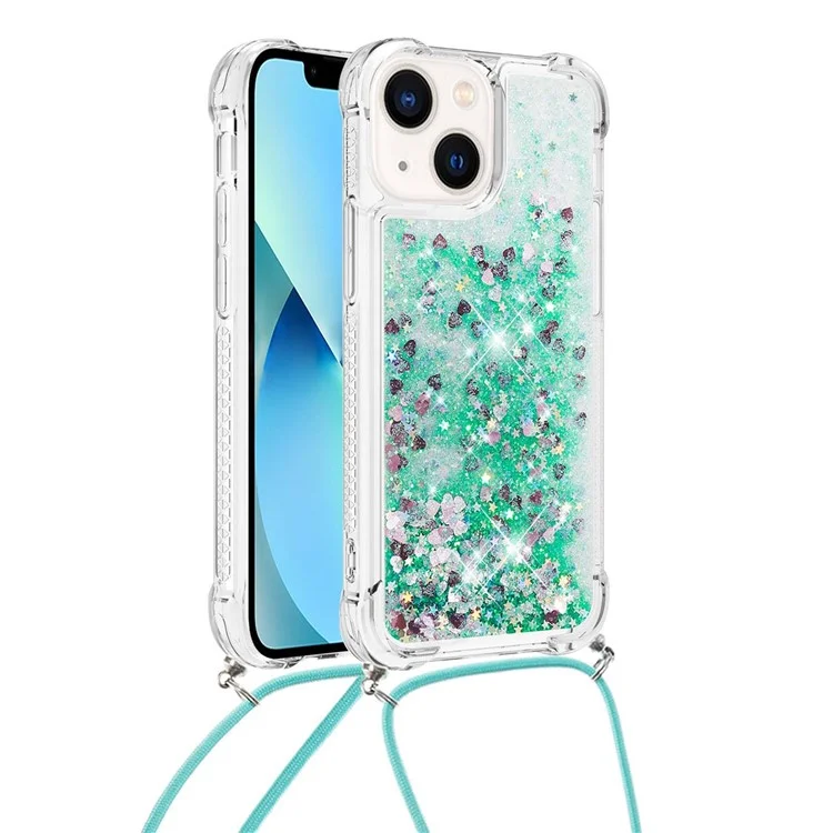 YB Quicksand Series-4 pour iPhone 15 Plus Glitter Bling Liquid Case Reinforced Corners TPU Phone Cover avec Lanyard - Vert / Cœurs