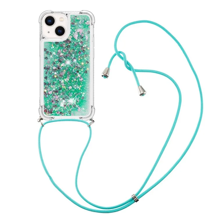 YB Quicksand Series-4 pour iPhone 15 Plus Glitter Bling Liquid Case Reinforced Corners TPU Phone Cover avec Lanyard - Vert / Cœurs
