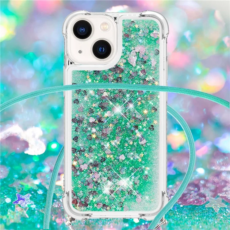 YB Quicksand Series-4 pour iPhone 15 Plus Glitter Bling Liquid Case Reinforced Corners TPU Phone Cover avec Lanyard - Vert / Cœurs