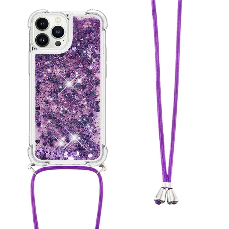 For iPhone 15 Pro TPU Case Quicksand Design Phone Cover with Lanyard - Dark Purple / Hearts