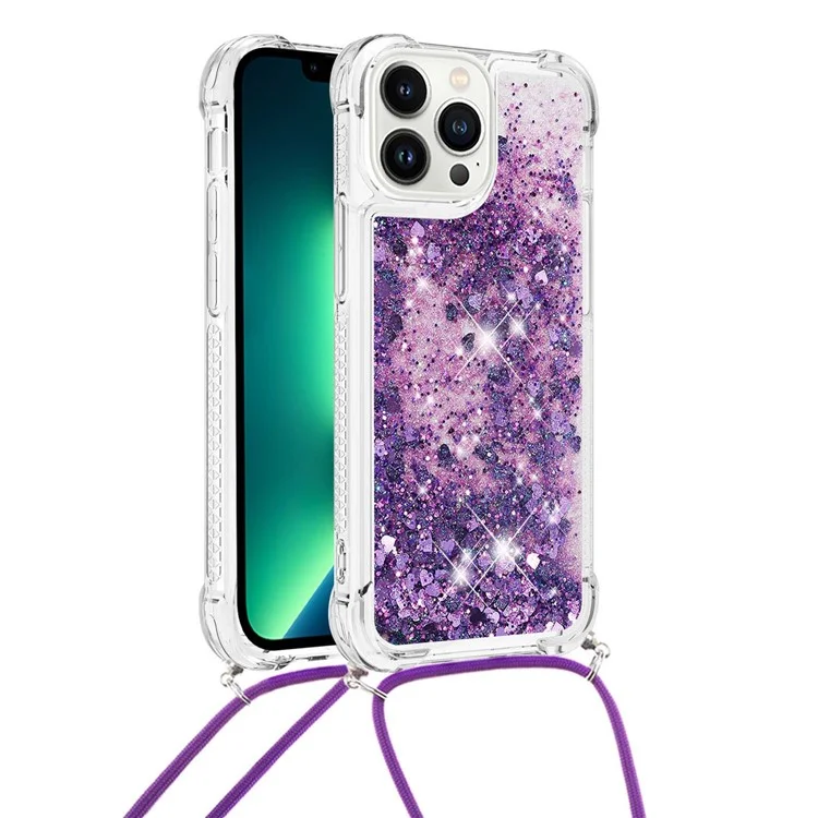 For iPhone 15 Pro TPU Case Quicksand Design Phone Cover with Lanyard - Dark Purple / Hearts