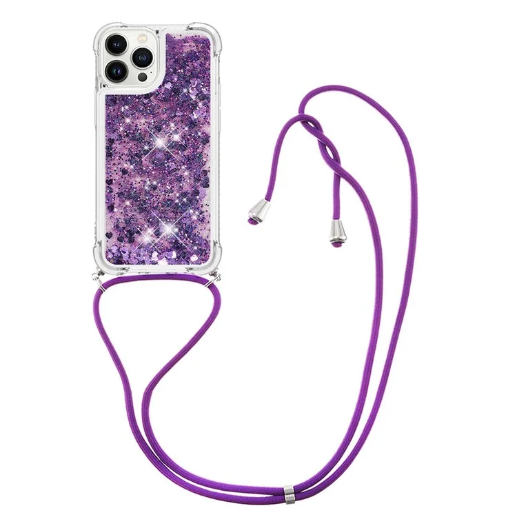 For iPhone 15 Pro TPU Case Quicksand Design Phone Cover with Lanyard - Dark Purple / Hearts