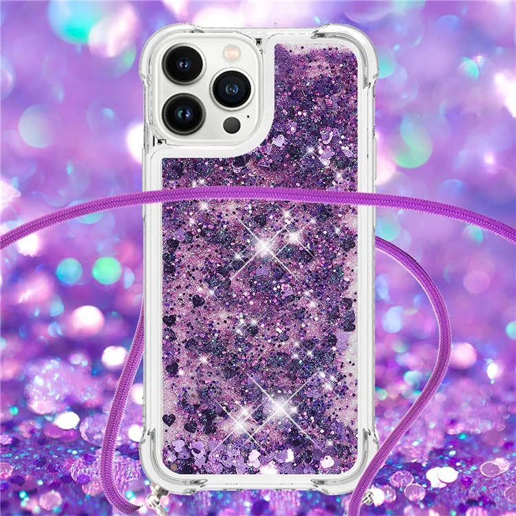 For iPhone 15 Pro TPU Case Quicksand Design Phone Cover with Lanyard - Dark Purple / Hearts