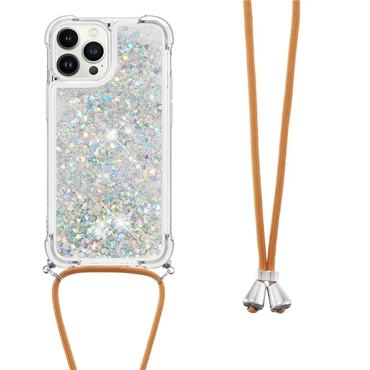 Série YB Quicksand-4 pour iPhone 15 Pro Étui de protection flottant Bling Glitter TPU avec dragonne - Argent / Coeurs