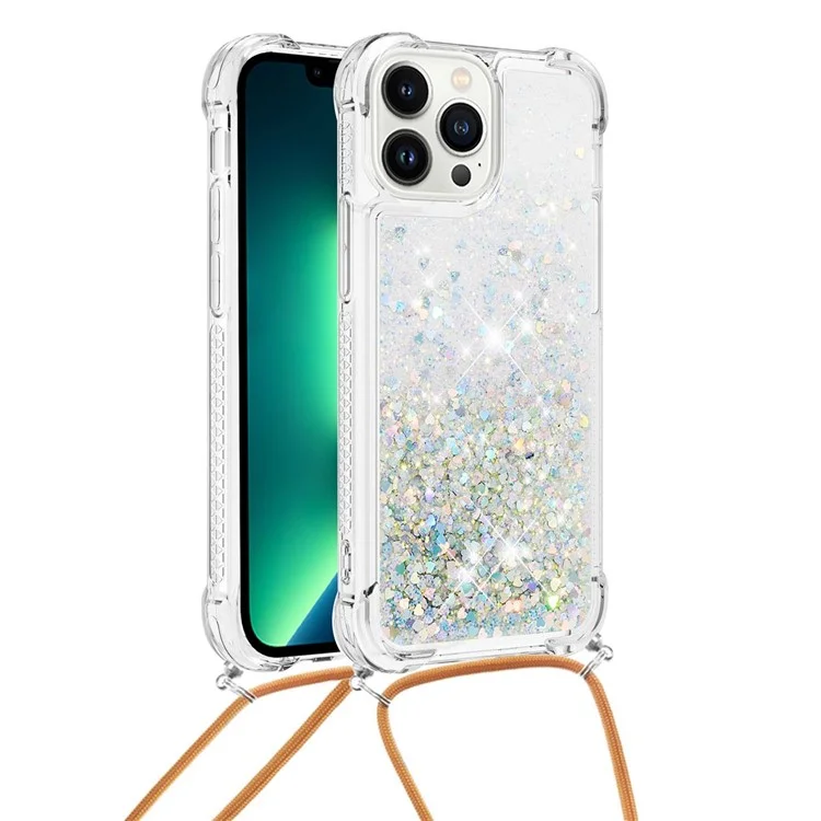 Série YB Quicksand-4 pour iPhone 15 Pro Étui de protection flottant Bling Glitter TPU avec dragonne - Argent / Coeurs