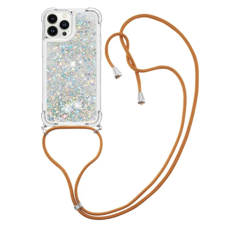 Série YB Quicksand-4 pour iPhone 15 Pro Étui de protection flottant Bling Glitter TPU avec dragonne - Argent / Coeurs