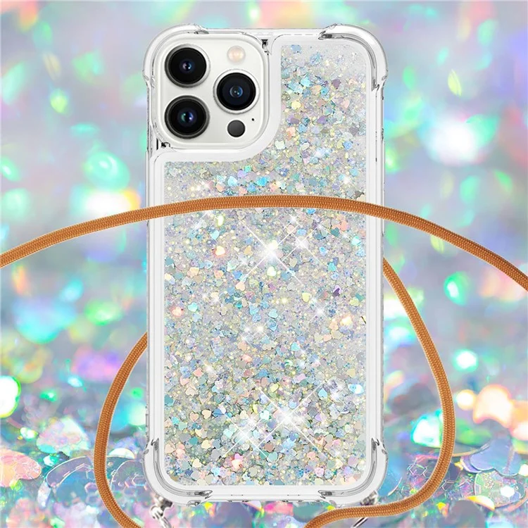 Série YB Quicksand-4 pour iPhone 15 Pro Étui de protection flottant Bling Glitter TPU avec dragonne - Argent / Coeurs