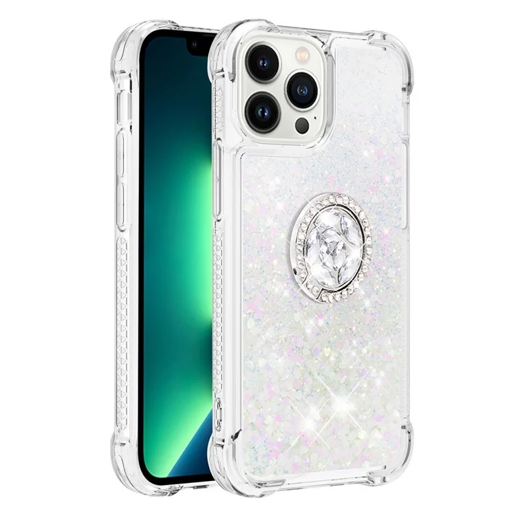 YB Quicksand Series-7 para iPhone 15 Pro Ring Kickstand Liquid Case TPU Moving Glitter Protective Cover - Laser / Corações