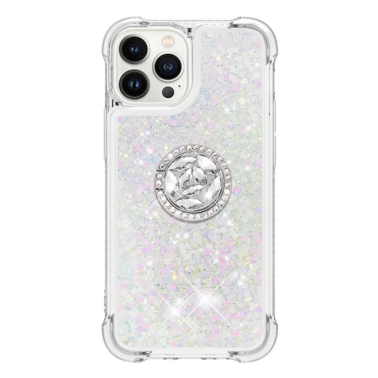 YB Quicksand Series-7 para iPhone 15 Pro Ring Kickstand Liquid Case TPU Moving Glitter Protective Cover - Laser / Corações