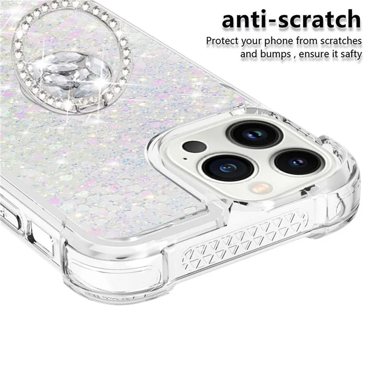 YB Quicksand Series-7 para iPhone 15 Pro Ring Kickstand Liquid Case TPU Moving Glitter Protective Cover - Laser / Corações