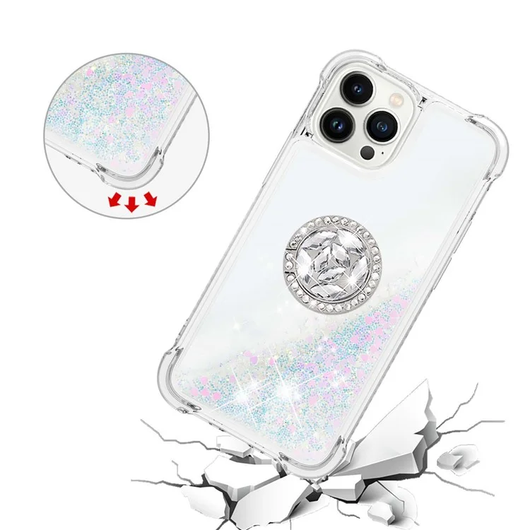 YB Quicksand Series-7 para iPhone 15 Pro Ring Kickstand Liquid Case TPU Moving Glitter Protective Cover - Laser / Corações