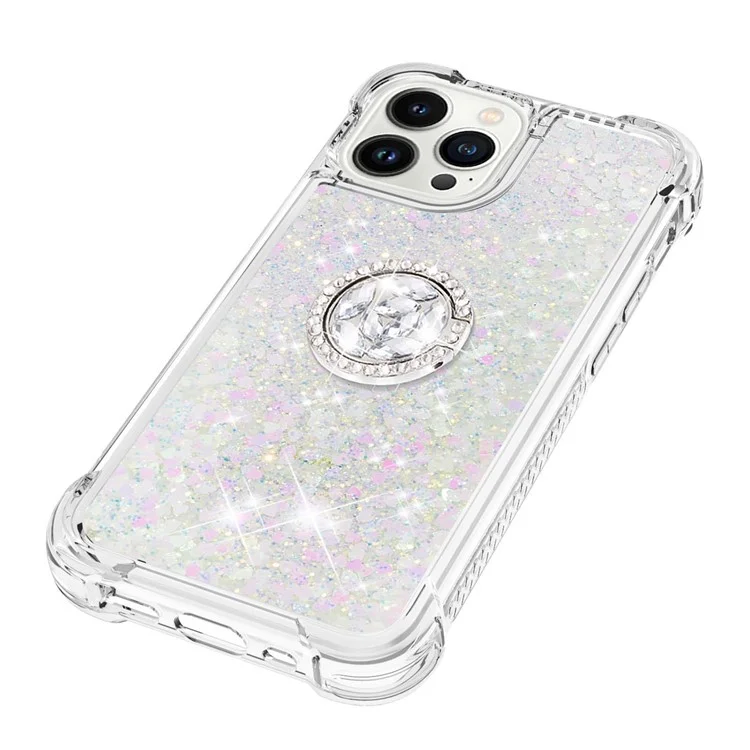YB Quicksand Series-7 para iPhone 15 Pro Ring Kickstand Liquid Case TPU Moving Glitter Protective Cover - Laser / Corações