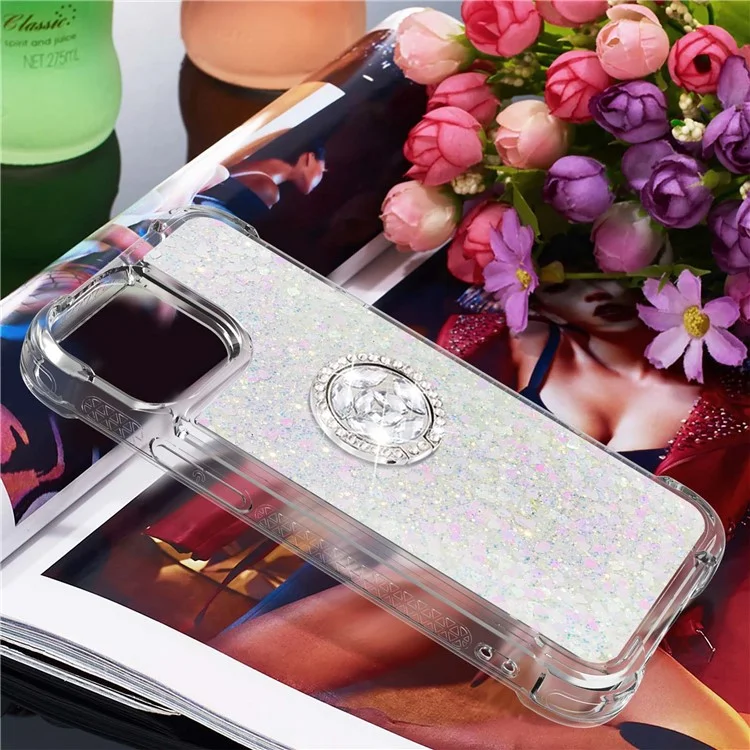 YB Quicksand Series-7 para iPhone 15 Pro Ring Kickstand Liquid Case TPU Moving Glitter Protective Cover - Laser / Corações