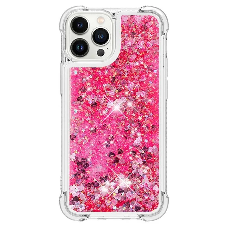 YB Quicksand Series-1 für iPhone 15 Pro Glitter Flowing Case Verstärkte Ecken Soft TPU Handyhülle - Pink / Herzen