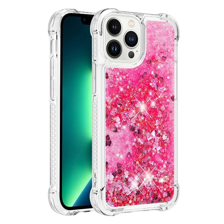 YB Quicksand Series-1 für iPhone 15 Pro Glitter Flowing Case Verstärkte Ecken Soft TPU Handyhülle - Pink / Herzen