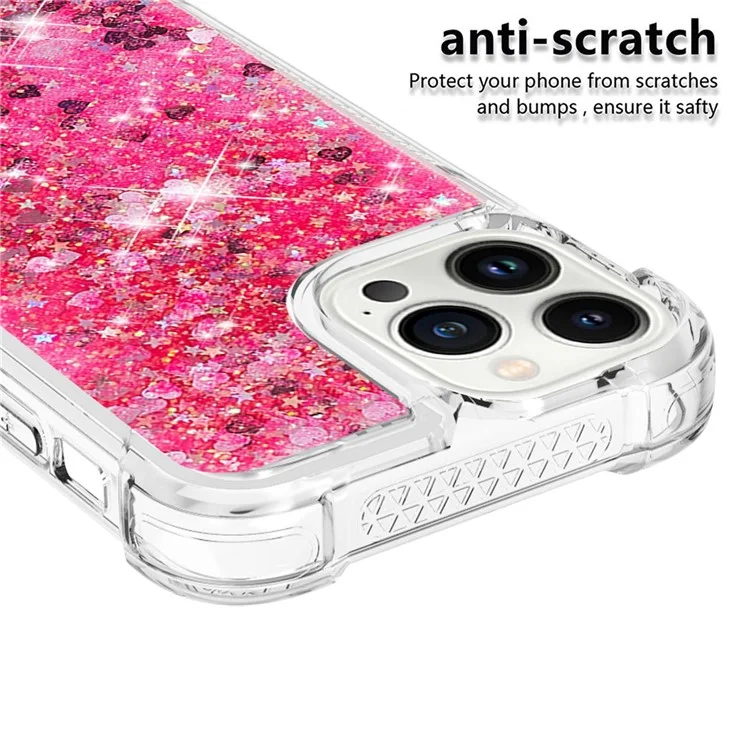 YB Quicksand Series-1 für iPhone 15 Pro Glitter Flowing Case Verstärkte Ecken Soft TPU Handyhülle - Pink / Herzen