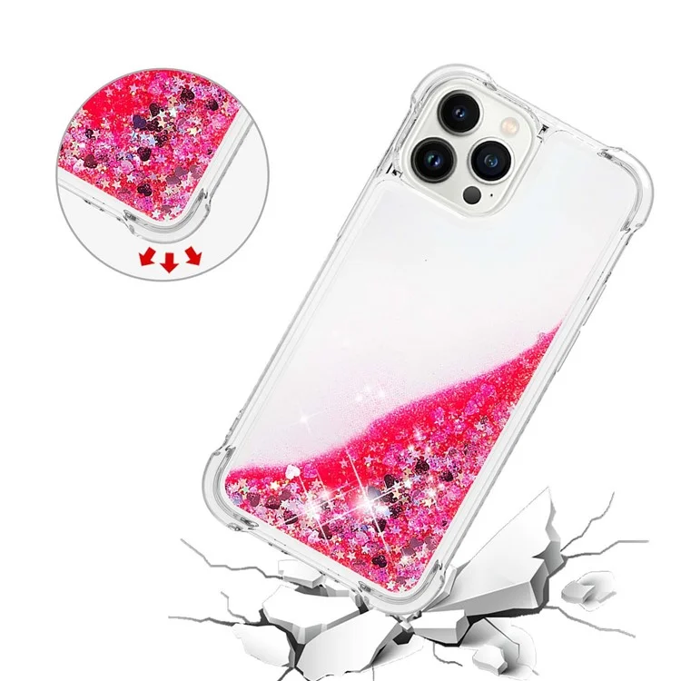 YB Quicksand Series-1 für iPhone 15 Pro Glitter Flowing Case Verstärkte Ecken Soft TPU Handyhülle - Pink / Herzen