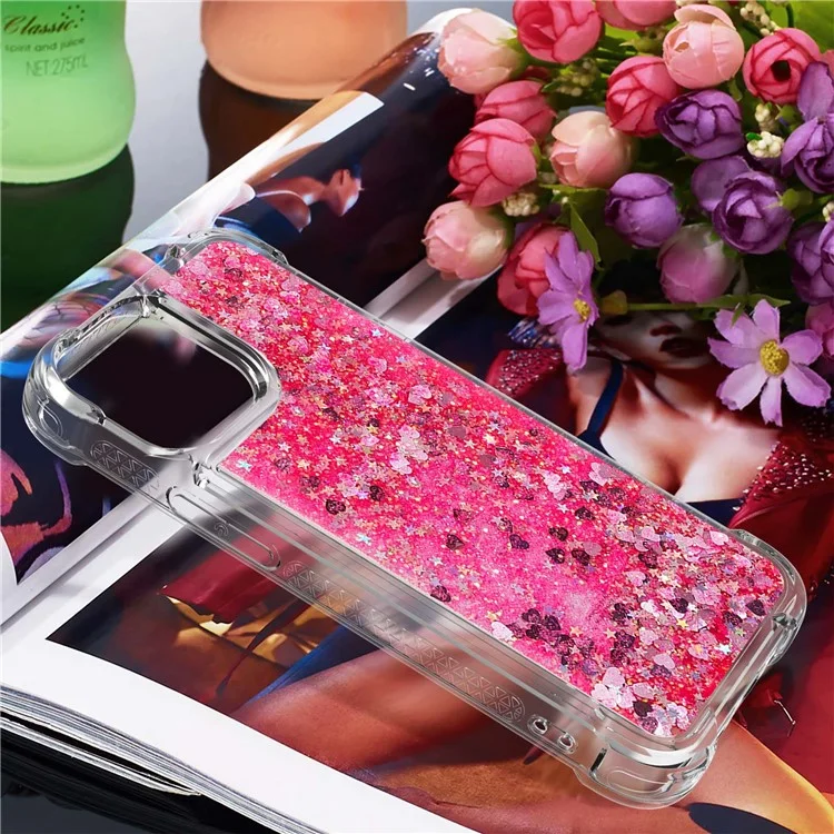 YB Quicksand Series-1 für iPhone 15 Pro Glitter Flowing Case Verstärkte Ecken Soft TPU Handyhülle - Pink / Herzen