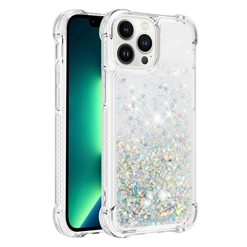 For iPhone 15 Pro TPU Case Glitter Quicksand Shockproof Phone Back Cover - Silver / Hearts